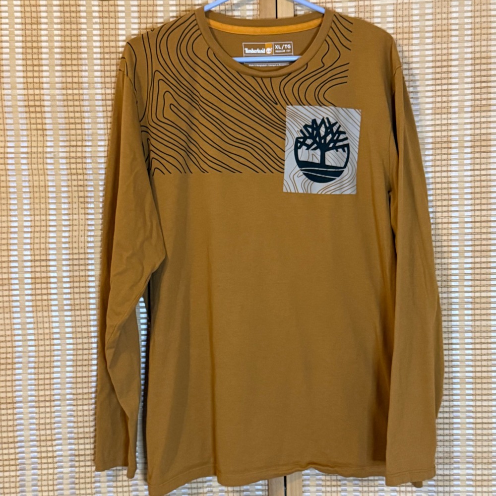 Timberland Mens XL Long Sleeve Organic Cotton Graphic Tee Wheat Yellow Logo